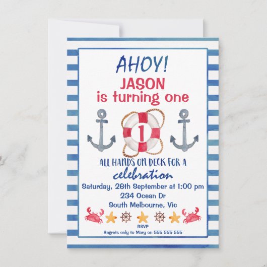 Jongens Waterverf Nautische Verjaardagsuitnodiging Kaart (Voorkant)