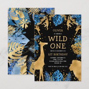 Jongens Wild One 1e verjaardag Blauw Zwart Safari Kaart
