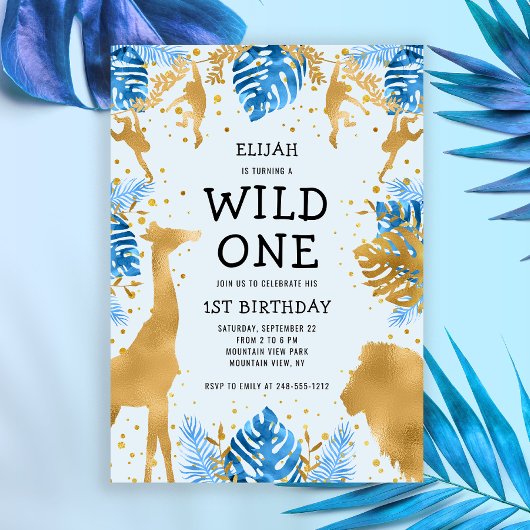 Jongens Wild One Blue Safari 1e verjaardagsfeest Kaart