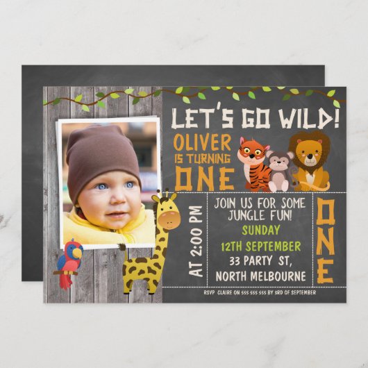 Jongens Wild Safari Dieren 1e verjaardag Uitnodigi Kaart (Voorkant / Achterkant)