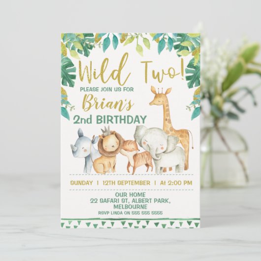 Jongens Wild Two Safari Eerste Verjaardag Uitnodig Kaart (Staand voorkant)
