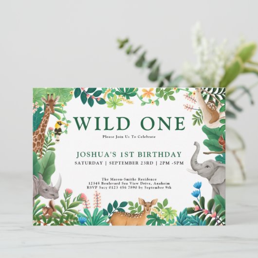 Jongens Wilde Eén Jungle Safari Dieren 1e Verjaard Kaart (Staand voorkant)