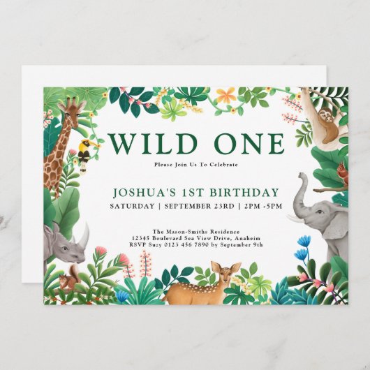 Jongens Wilde Eén Jungle Safari Dieren 1e Verjaard Kaart (Voorkant / Achterkant)