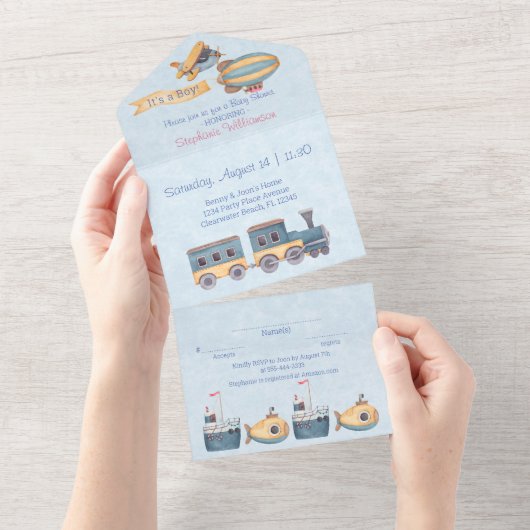 Jongen's Wooden Toys Blue Baby shower All In One Uitnodiging (Afscheurbaar)