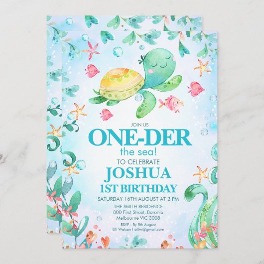 Jongens Zee Schildpad Oneder Het Zee 1e Verjaardag Kaart (Voorkant / Achterkant)