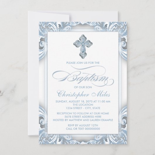 Jongens Zilver Blauw Doop Kaart (Voorkant)
