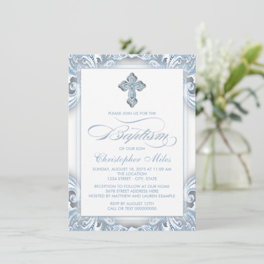 Jongens Zilver Blauw Doopsel Kaart (Staand voorkant)