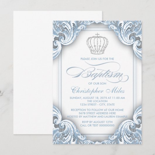 Jongens Zilveren Blauwe Prins Doop Kaart (Voorkant / Achterkant)