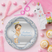 Jongens Zilveren en Blauwe Engel Doop Papieren Bordje (Feest)