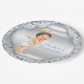 Jongens Zilveren en Blauwe Engel Doop Papieren Bordje (Gekanteld)