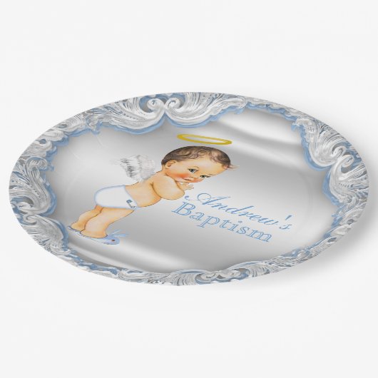 Jongens Zilveren en Blauwe Engel Doop Papieren Bordje (Gekanteld)