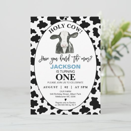 Jongens Zwart Wit Koeienprint Heilige Koe 1e Verja Kaart (Staand voorkant)