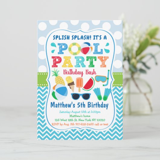 Jongens Zwembad Party Ice Cream Verjaardag Kaart (Staand voorkant)