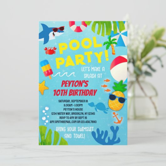 Jongens Zwembad Party Verjaardag uitnodiging (Staand voorkant)