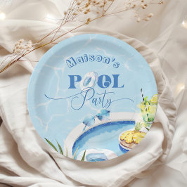 Jongens zwembad verjaardagsfeestje blauw zwembad papieren bordje