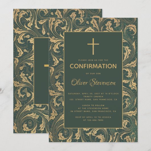 Jongensbevestiging Gold Cross Green Thistle Kaart (Voorkant / Achterkant)