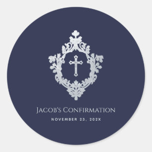 Jongensbevestiging Navy Blue  Cross in Crest Ronde Sticker
