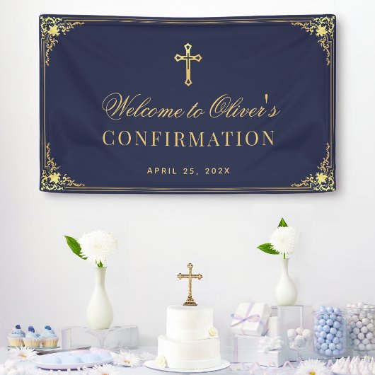 Jongensbevestiging Navy Blue  Faux Gold Cross Spandoek