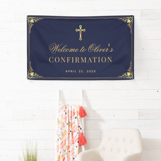 Jongensbevestiging Navy Blue  Faux Gold Cross Spandoek (Insitu)