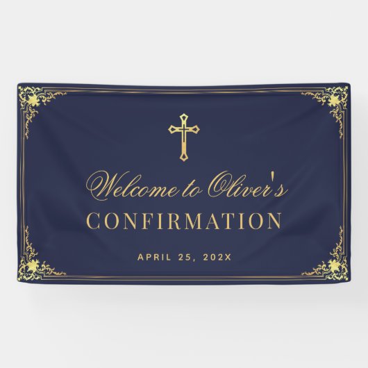 Jongensbevestiging Navy Blue  Faux Gold Cross Spandoek (Horizontaal)