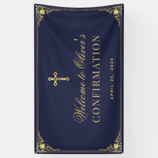 Jongensbevestiging Navy Blue Faux Gold Cross Spandoek (Verticaal)