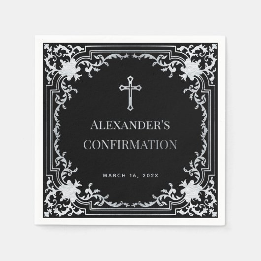 Jongensbevestiging Zwart Elegant  Faux Silver Servet (Voorkant)