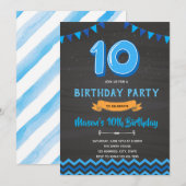 Jongensblauw 10e verjaardag uitnodiging (Voorkant / Achterkant)