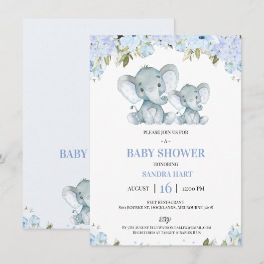 Jongensblauw Bloemenolifant en kalf Baby shower Kaart (Voorkant / Achterkant)