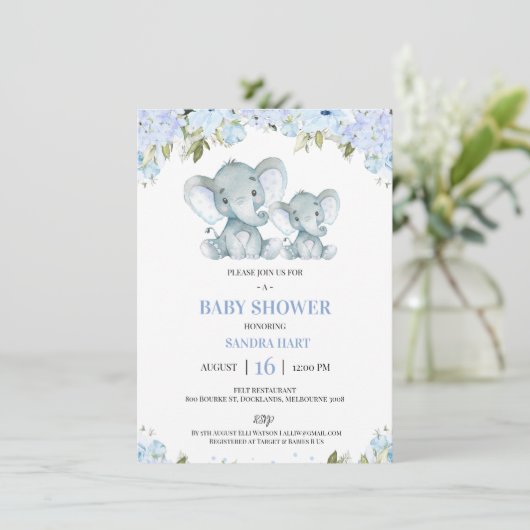 Jongensblauw Bloemenolifant en kalf Baby shower Kaart (Staand voorkant)