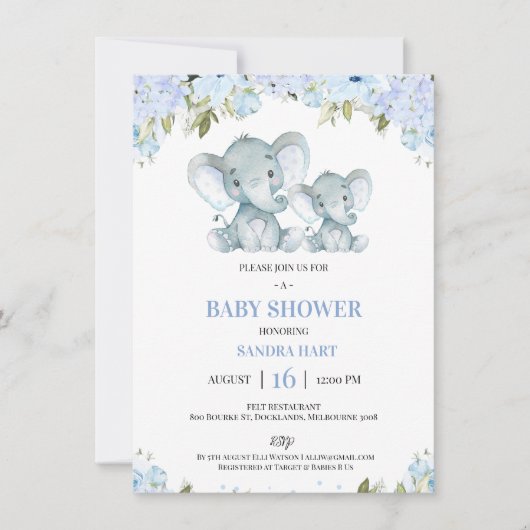 Jongensblauw Bloemenolifant en kalf Baby shower Kaart (Voorkant)