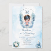 Jongensdoop & 1e verjaardag Blauw Bloemenkruis Kaart (Voorkant)