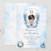Jongensdoop & 1e verjaardag Blauw Bloemenkruis Kaart (Voorkant / Achterkant)