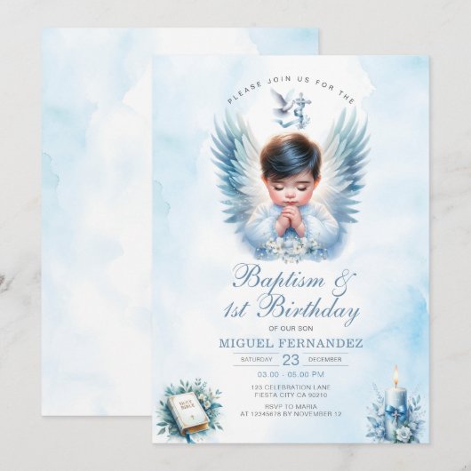 Jongensdoop & 1e verjaardag Blauw Bloemenkruis Kaart (Voorkant / Achterkant)