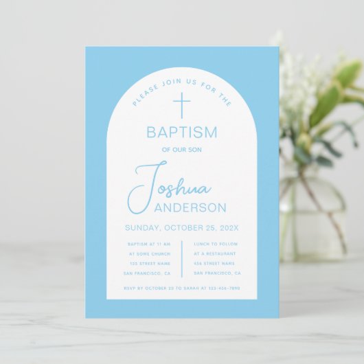 Jongensdoop Baby Blauw Wit Boog Script Religieus Kaart (Staand voorkant)
