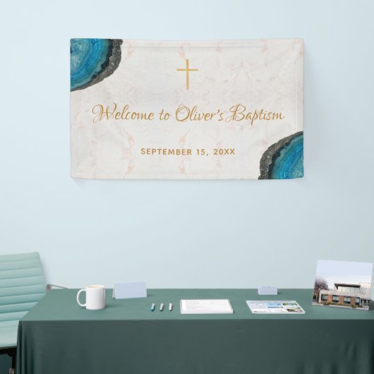 Jongensdoop Blauw Geode Agate Marble Script Welkom Spandoek (Beurs)