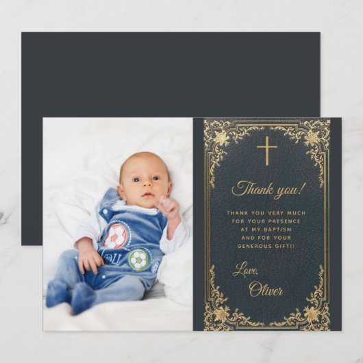 Jongensdoop Blauw Goud Foto  Bedankkaart (Voorkant / Achterkant)