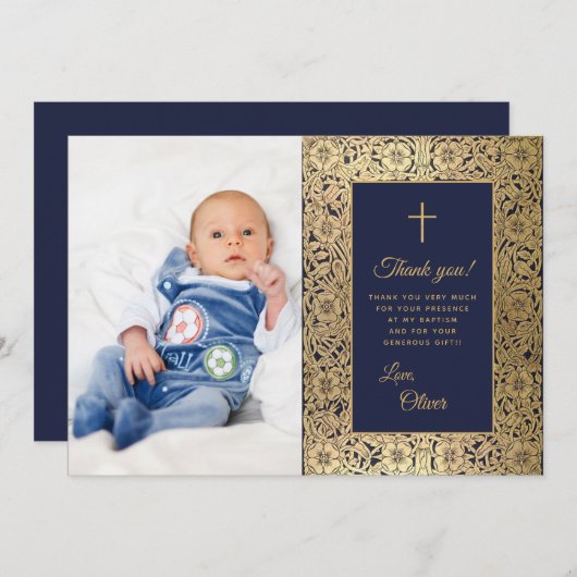 Jongensdoop  Blauw Goud Rozen Bloemenfoto Bedankkaart (Voorkant / Achterkant)