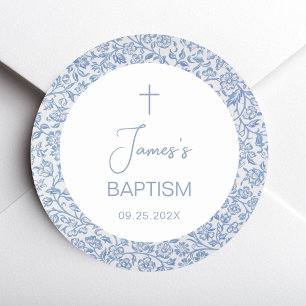 Jongensdoop blauw wit bloemmotief religieus ronde sticker