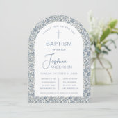 Jongensdoop Blauw Witte Boog  Bloemenpatroon Kaart (Staand voorkant)