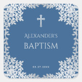 Jongensdoop Classic Blue Faux Zilveren Bladeren Kr Vierkante Sticker (Voorkant)