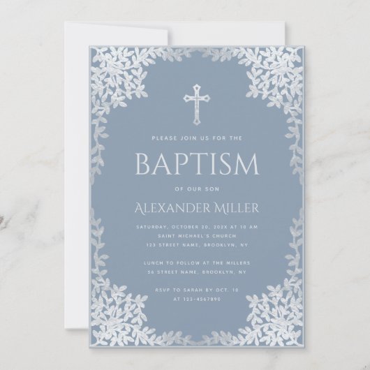 Jongensdoop Dusty Blue Elegant Faux Zilveren Blade Kaart (Voorkant)