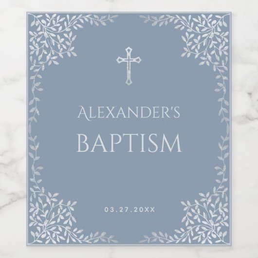 Jongensdoop Dusty Blue Faux Zilveren Kruis & Blade Wijn Etiket (Enkel label)