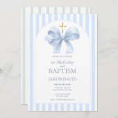 Jongensdoop en 1e verjaardag Blue Stripe Kaart (Voorkant / Achterkant)