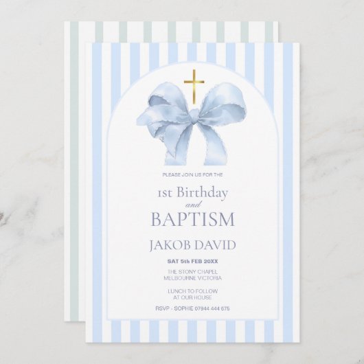 Jongensdoop en 1e verjaardag Blue Stripe Kaart (Voorkant / Achterkant)