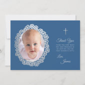 Jongensdoop Foto Klassiek Blauw Grijs Bloemen Kran Bedankkaart (Voorkant)