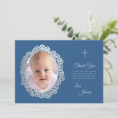 Jongensdoop Foto Klassiek Blauw Grijs Bloemen Kran Bedankkaart (Staand voorkant)