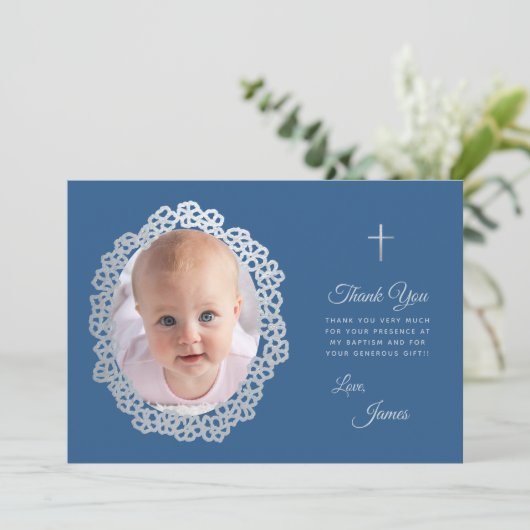 Jongensdoop Foto Klassiek Blauw Grijs Bloemen Kran Bedankkaart (Staand voorkant)