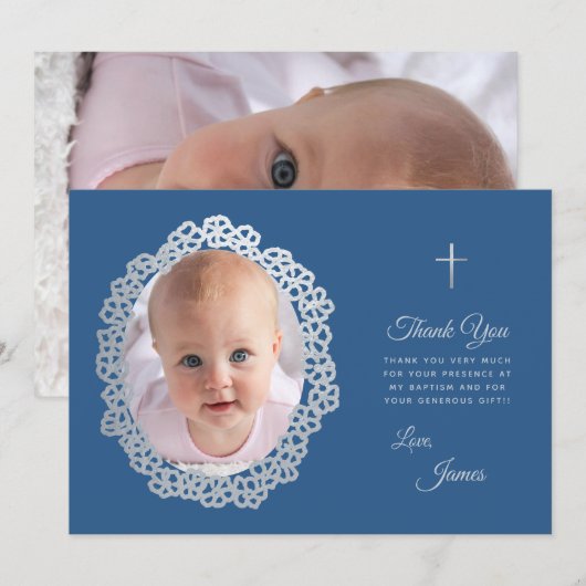 Jongensdoop Foto Klassiek Blauw Grijs Bloemen Kran Bedankkaart (Voorkant / Achterkant)
