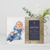 Jongensdoop Foto Navy Blauw  Gouden Rozen Kaart (Staand voorkant)