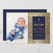 Jongensdoop Foto Navy Blauw  Gouden Rozen Kaart (Voorkant / Achterkant)